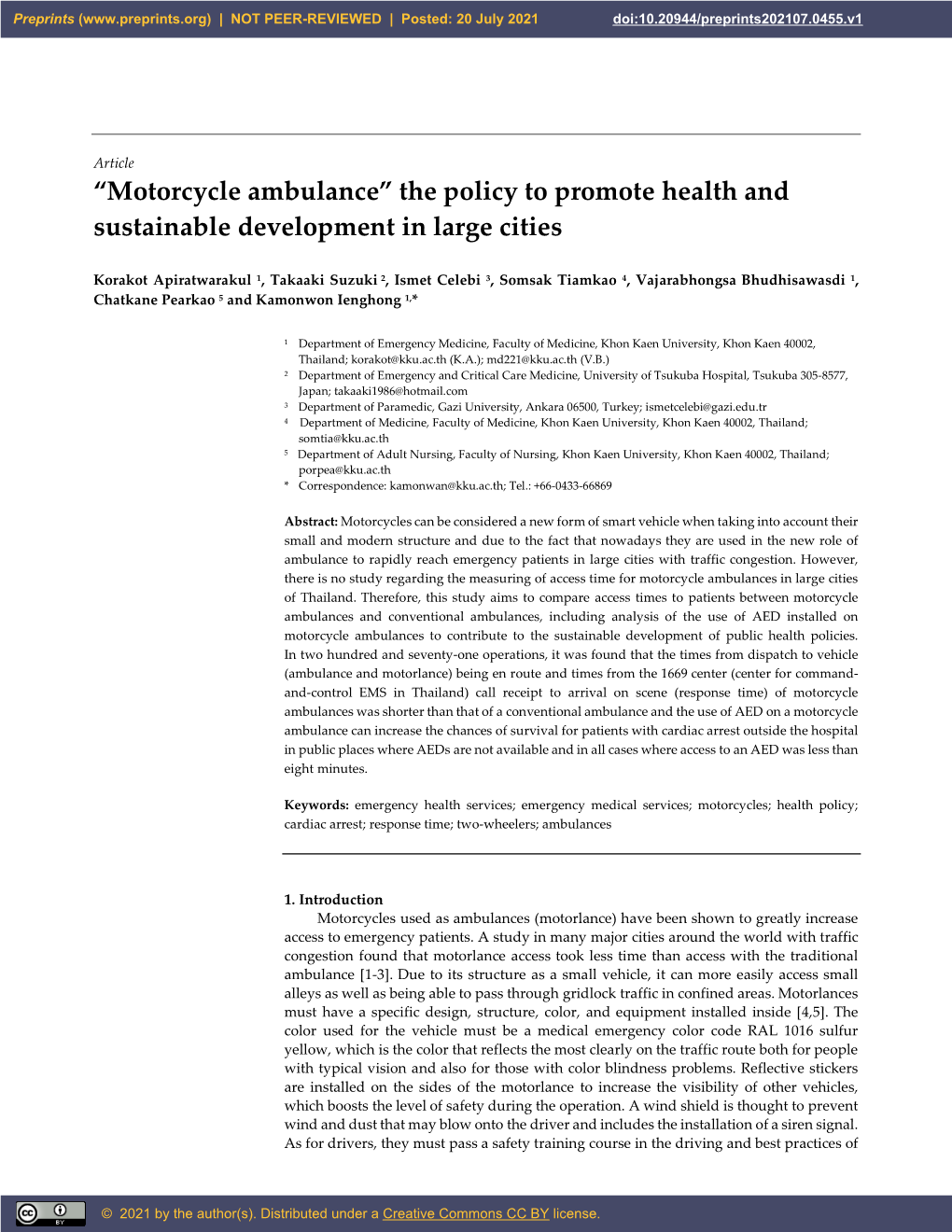 Motorcycle Ambulance” the Policy to Promote Health and Sustainable Development in Large Cities