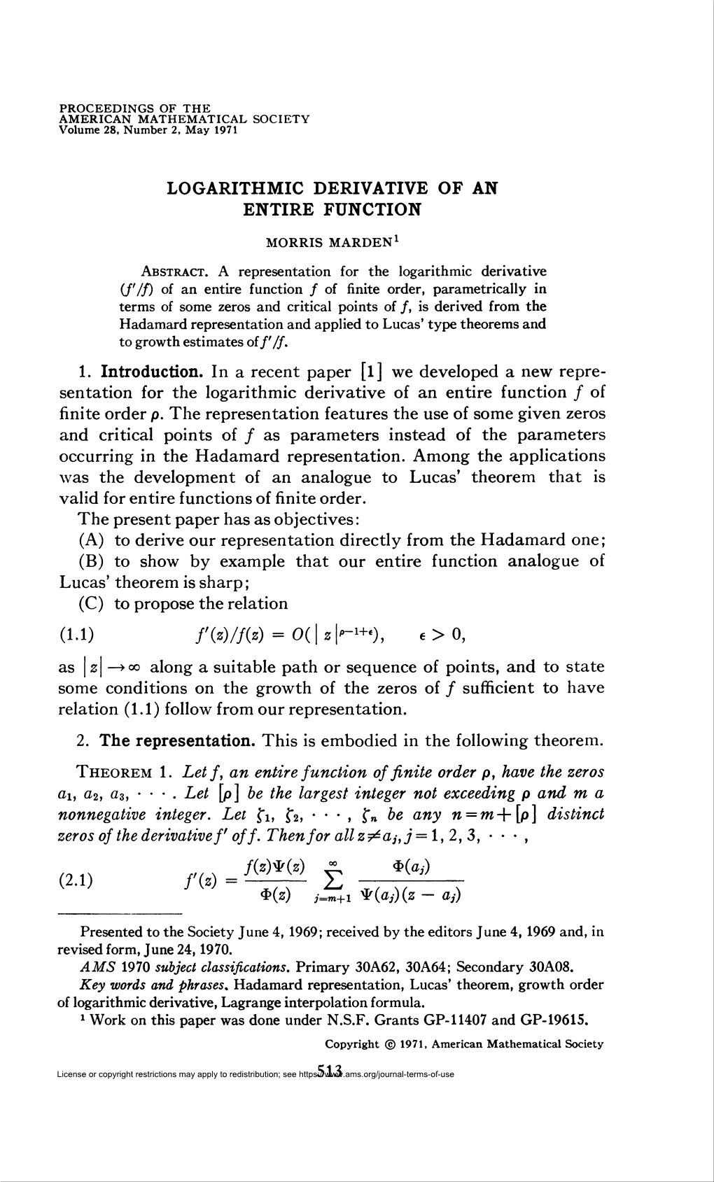 Logarithmic Derivative of an Entire Function