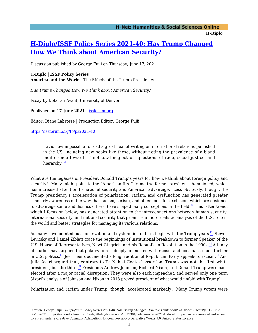 H-Diplo/ISSF Policy Series 2021-40: Has Trump Changed How We Think About American Security?