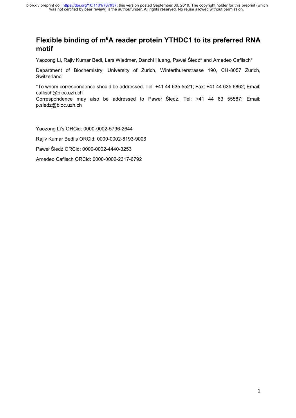 Flexible Binding of M6a Reader Protein YTHDC1 to Its Preferred RNA Motif