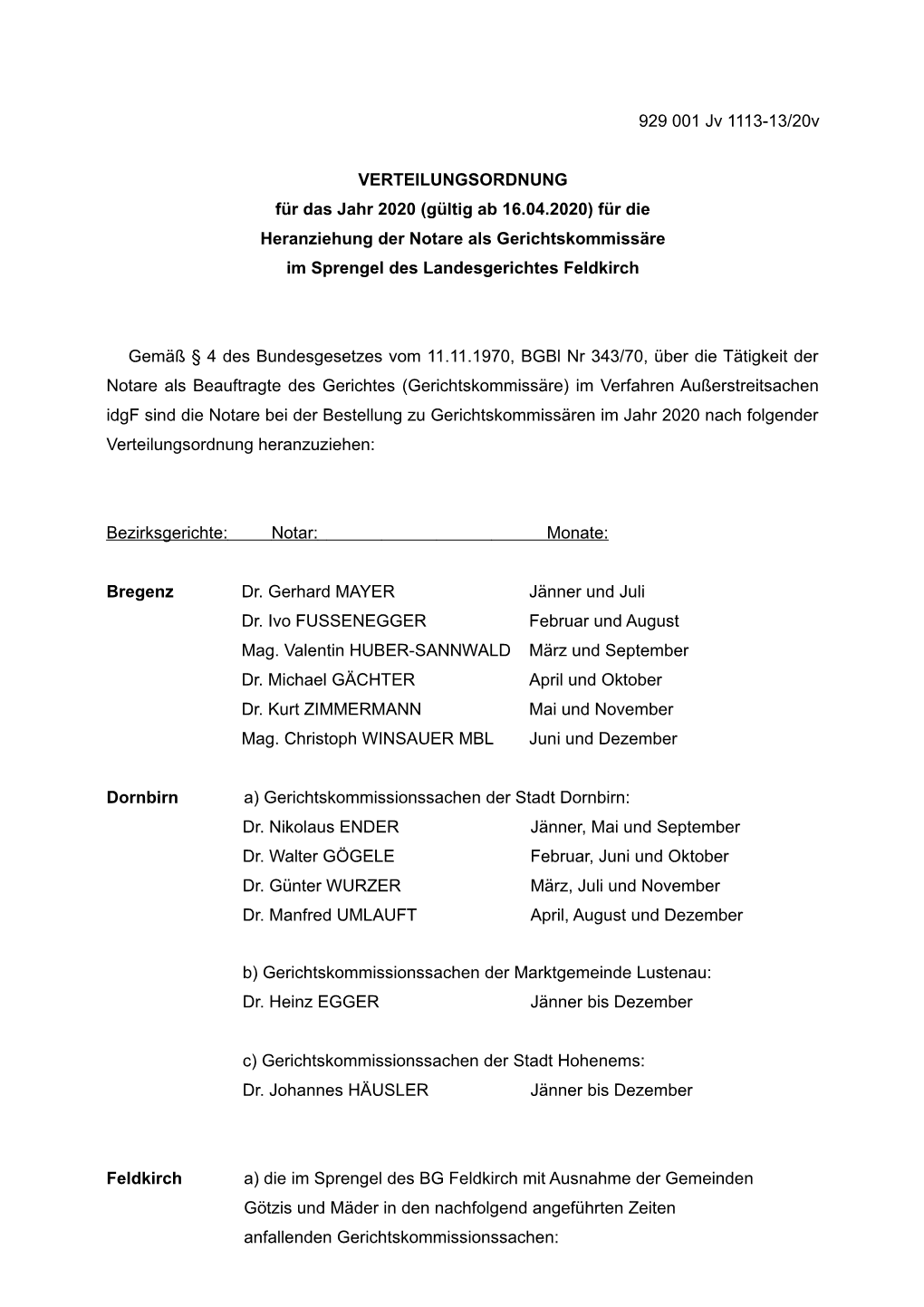 (Gültig Ab 16.04.2020) Für Die Heranziehung Der Notare Als Gerichtskommissäre Im Sprengel Des Landesgerichtes Feldkirch