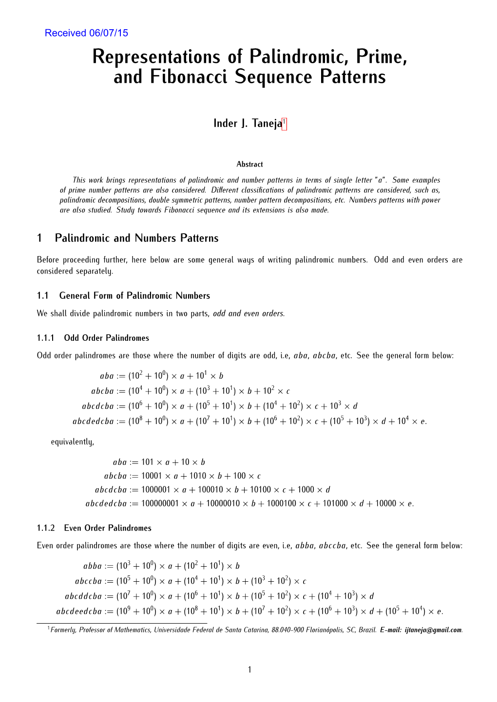 Representations of Palindromic, Prime, and Fibonacci Sequence Patterns