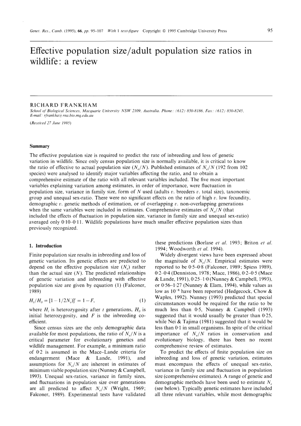 Effective Population Size/Adult Population Size Ratios in Wildlife: a Review