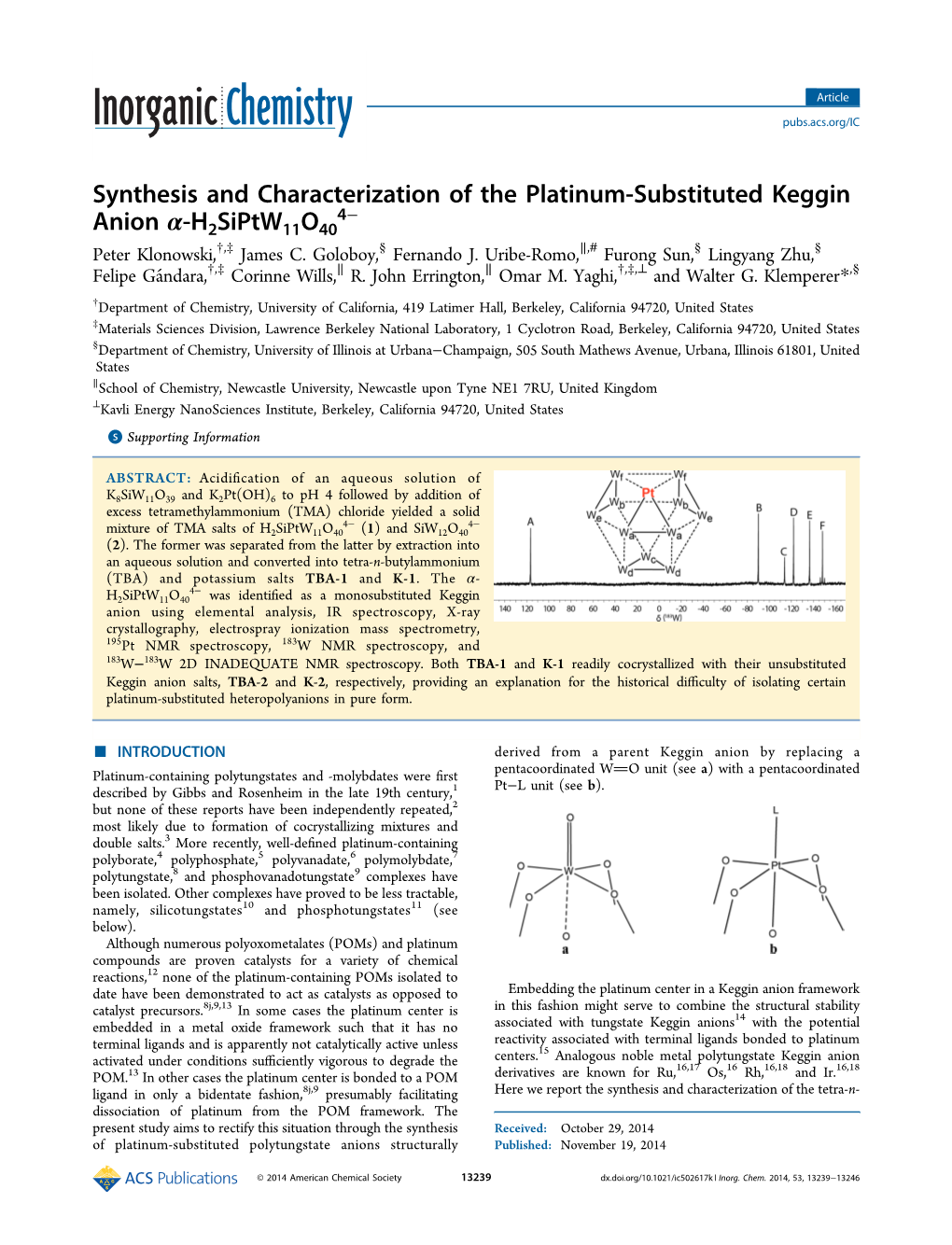 Synthesis and Characterization of the Platinum-Substituted Keggin Anion Α‑H 2Siptw11o40