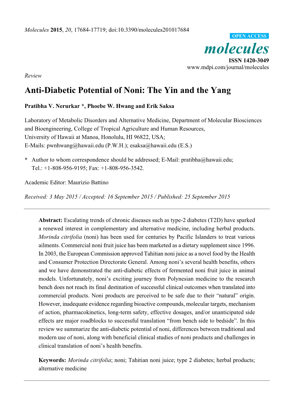 Anti-Diabetic Potential of Noni: the Yin and the Yang
