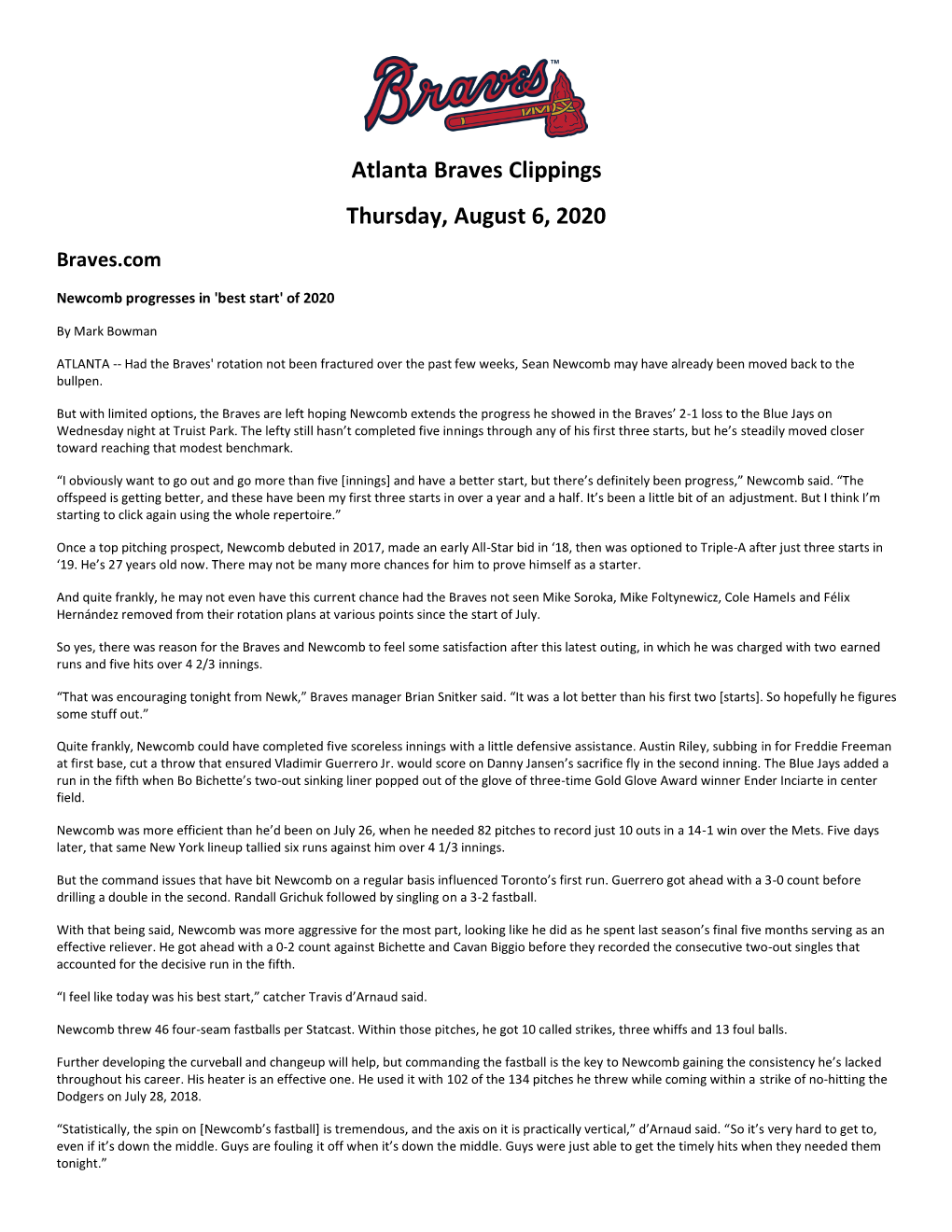 Atlanta Braves Clippings Thursday, August 6, 2020 Braves.Com