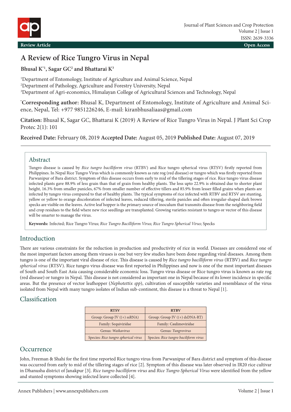 A Review of Rice Tungro Virus in Nepal