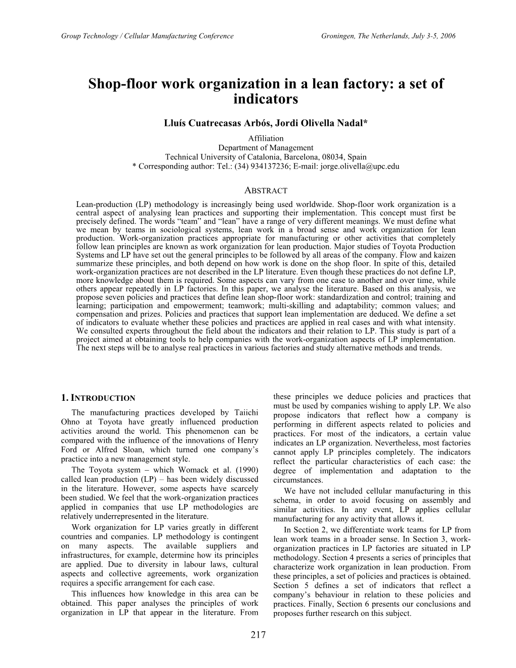 Shop-Floor Work Organization in a Lean Factory: a Set of Indicators