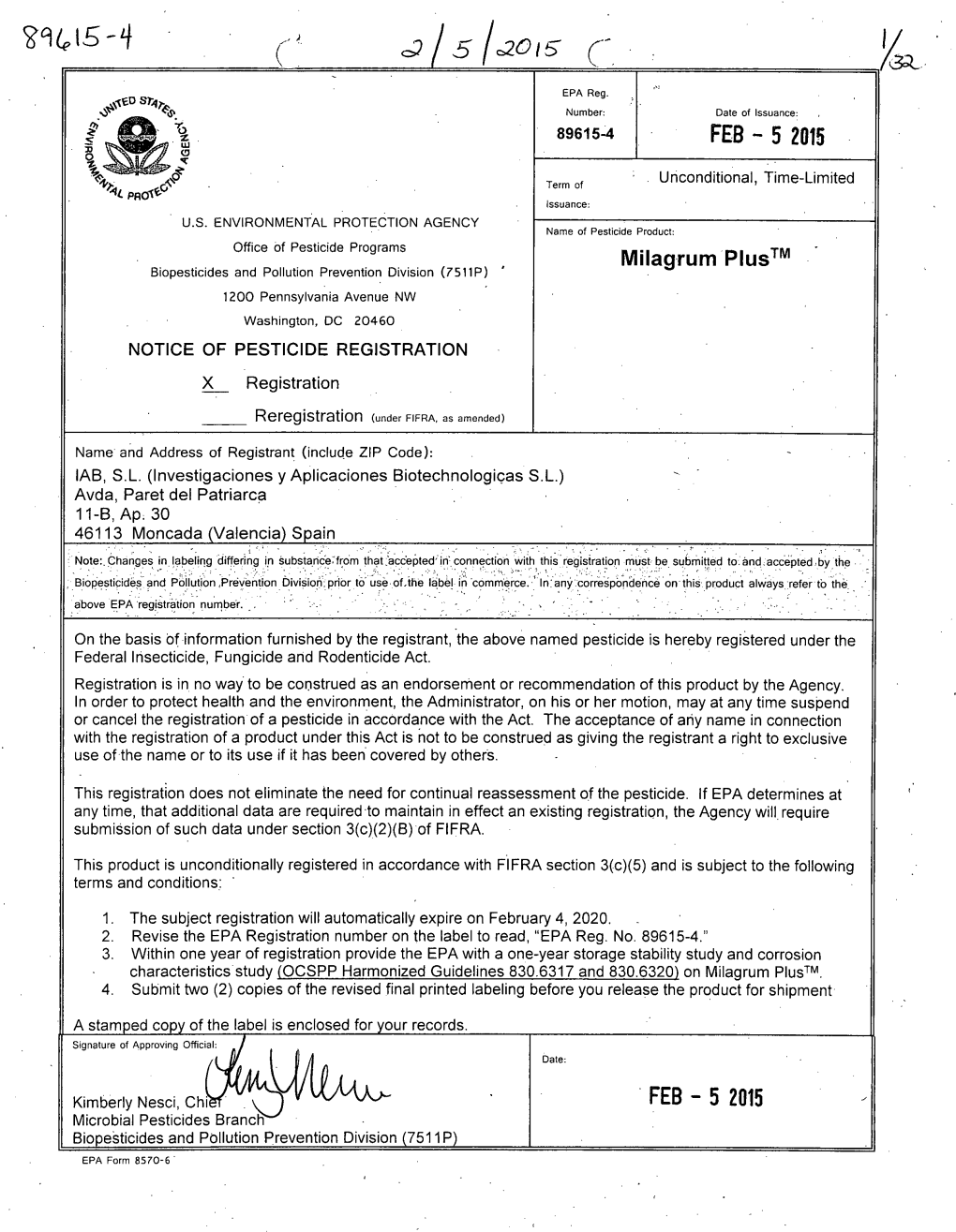 US EPA, Pesticide Product Label, Milagrum Plus, 02/05/2015