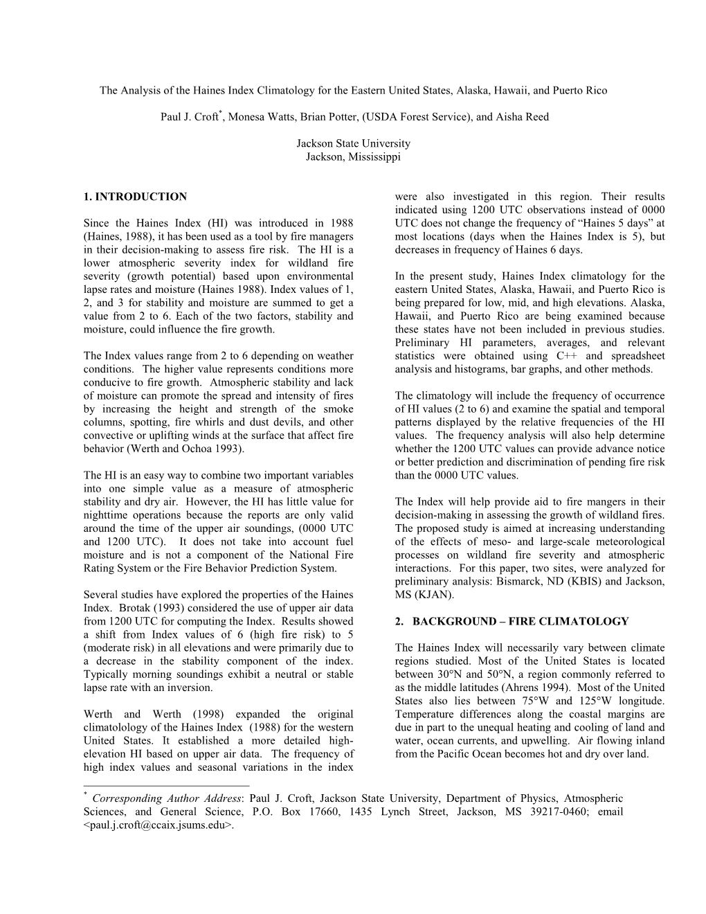 The Analysis of the Haines Index Climatology for the Eastern United States, Alaska, Hawaii, and Puerto Rico