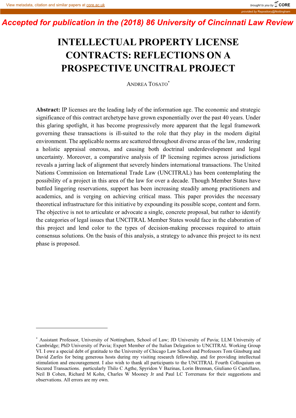 Intellectual Property License Contracts: Reflections on a Prospective Uncitral Project