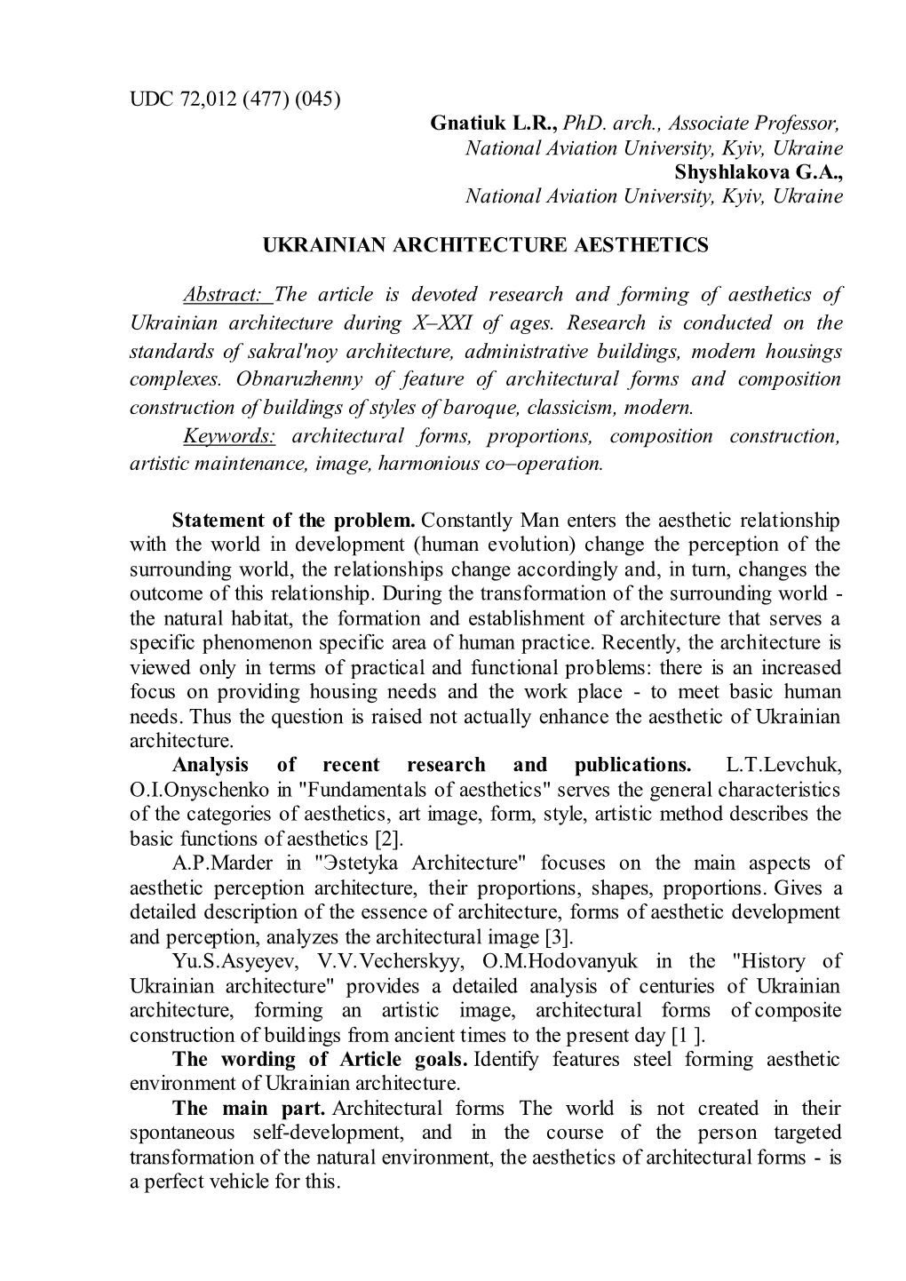 Gnatiuk LR, Phd. Arch., Associate Professor, National Aviation