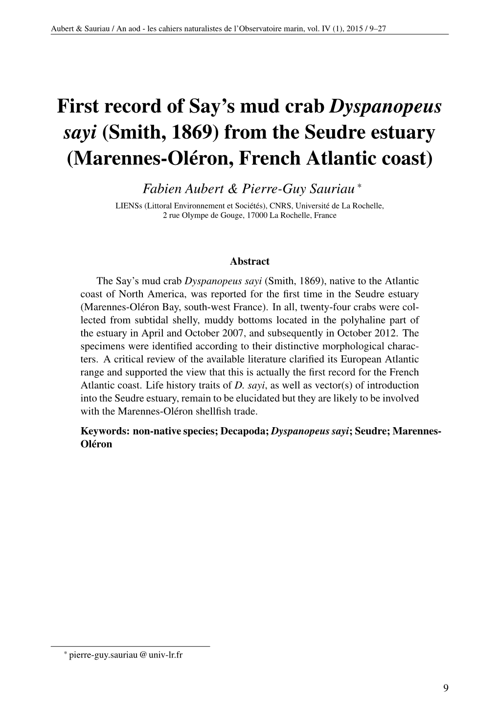 First Record of Say's Mud Crab Dyspanopeus Sayi (Smith, 1869