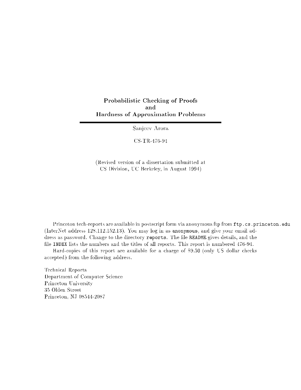 Probabilistic Checking of Proofs and Hardness of Approximation Problems