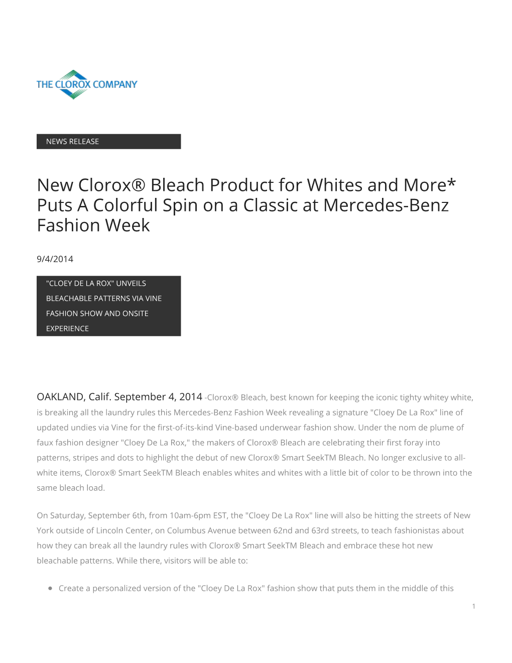New Clorox® Bleach Product for Whites and More* Puts a Colorful Spin on a Classic at Mercedes-Benz Fashion Week