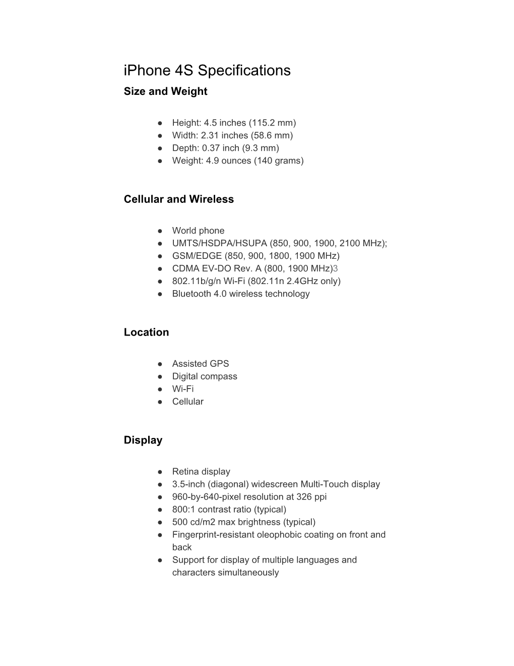 Iphone 4S Specifications Size and Weight