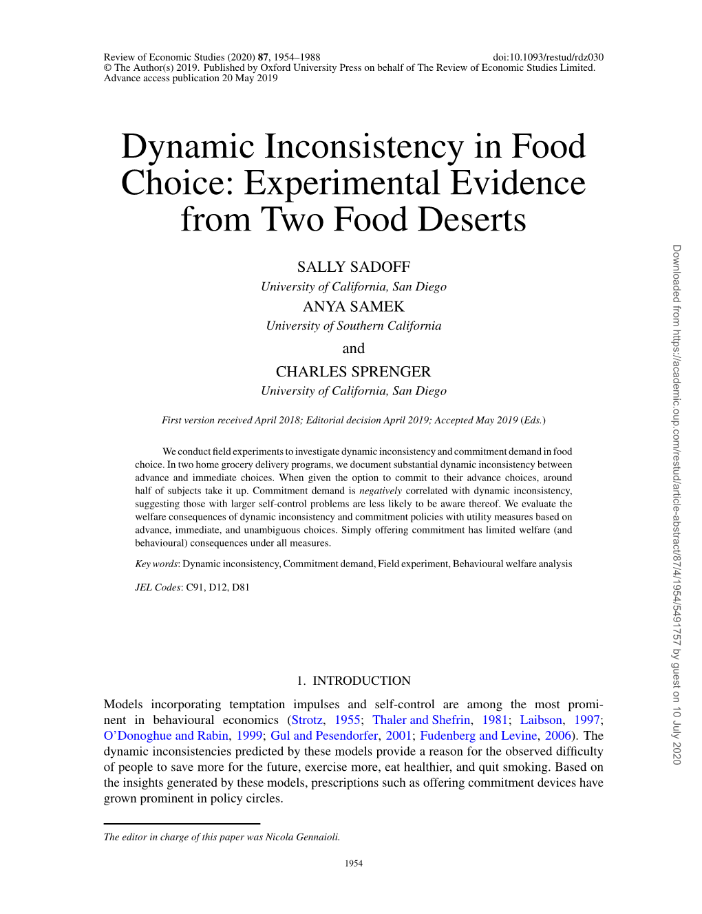Dynamic Inconsistency in Food Choice