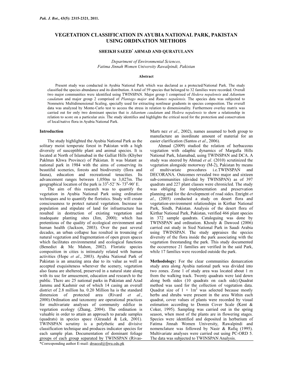 Vegetation Classification in Ayubia National Park, Pakistan Using Ordination Methods