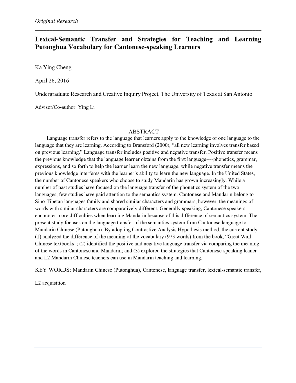 Lexical-Semantic Transfer and Strategies for Teaching and Learning Putonghua Vocabulary for Cantonese-Speaking Learners