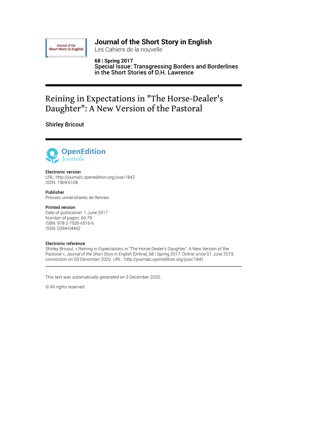 Journal of the Short Story in English, 68 | Spring 2017 Reining in Expectations in "The Horse-Dealer's Daughter": a New Version of Th