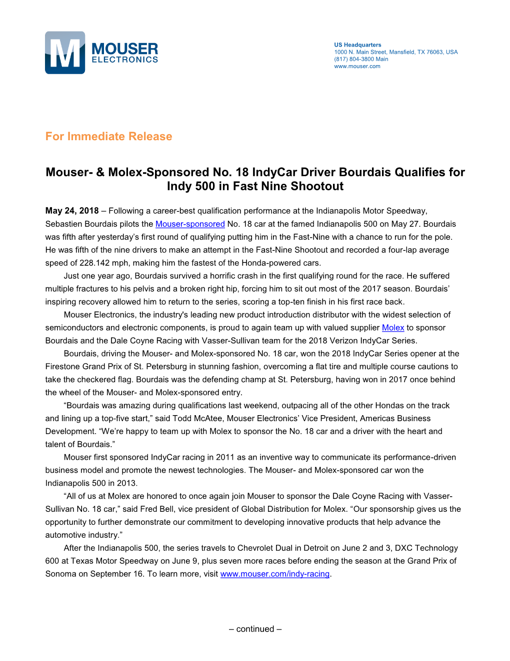 Mouser- & Molex-Sponsored No. 18 Indycar Driver Bourdais Qualifies for Indy 500 in Fast Nine Shootout