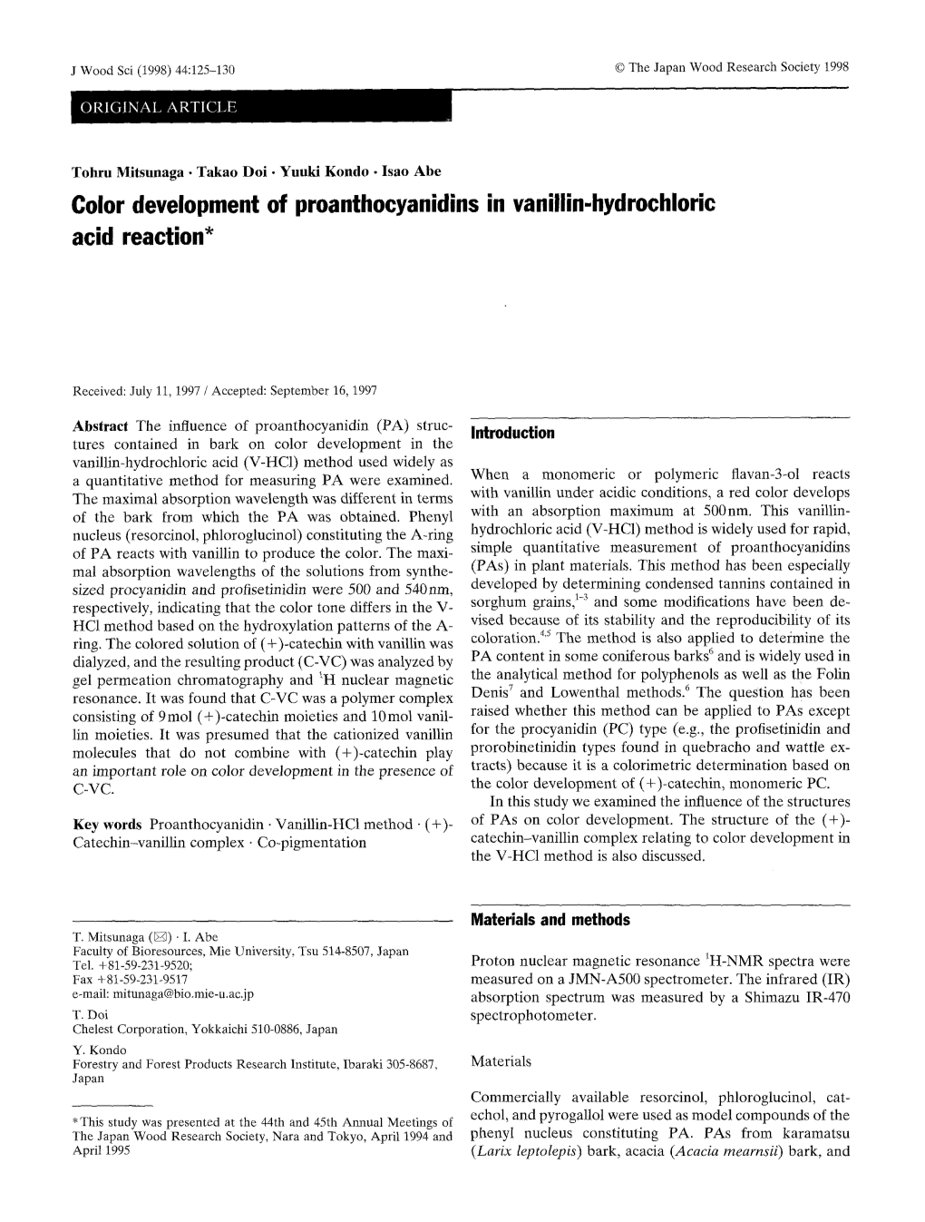 Color Development of Proanthocyanidins in Vanillin-Hydrochloric Acid Reaction*