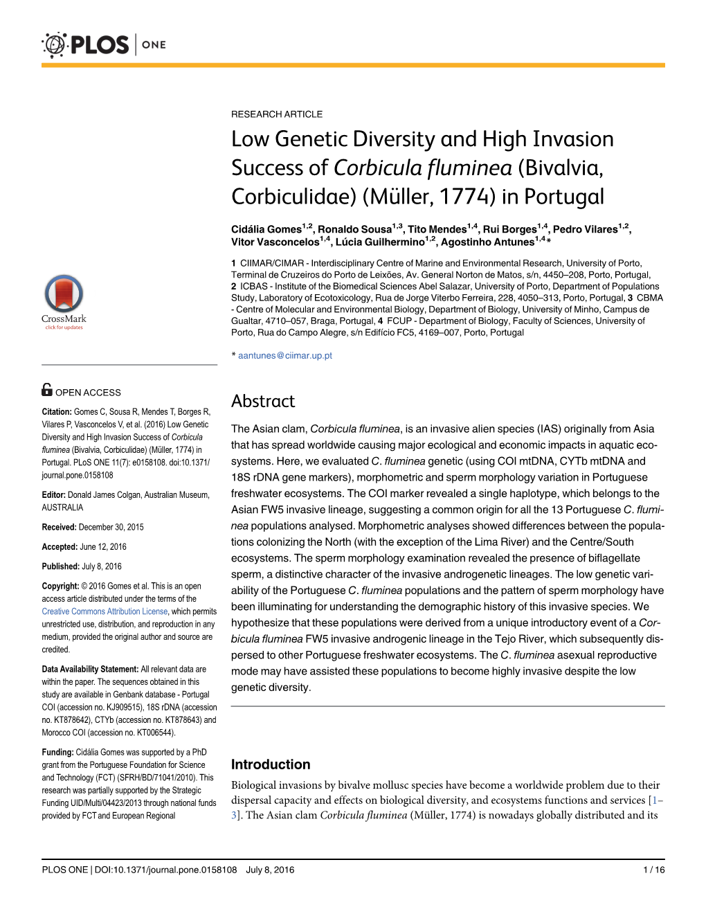 Low Genetic Diversity and High Invasion Success of Corbicula Fluminea (Bivalvia, Corbiculidae) (Müller, 1774) in Portugal