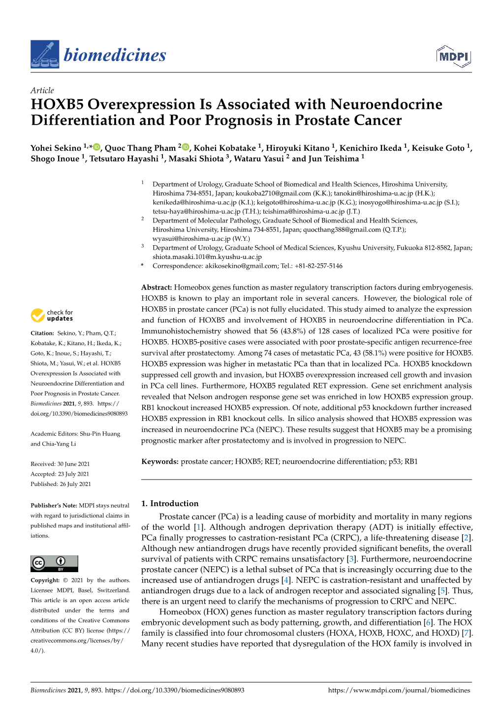 HOXB5 Overexpression Is Associated with Neuroendocrine Differentiation and Poor Prognosis in Prostate Cancer