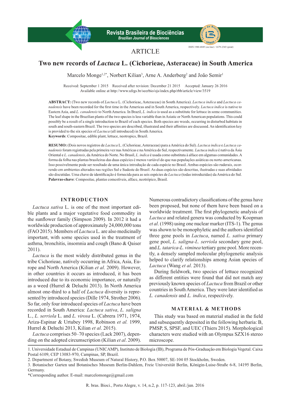 ARTICLE Two New Records of Lactuca L. (Cichorieae, Asteraceae) in South America