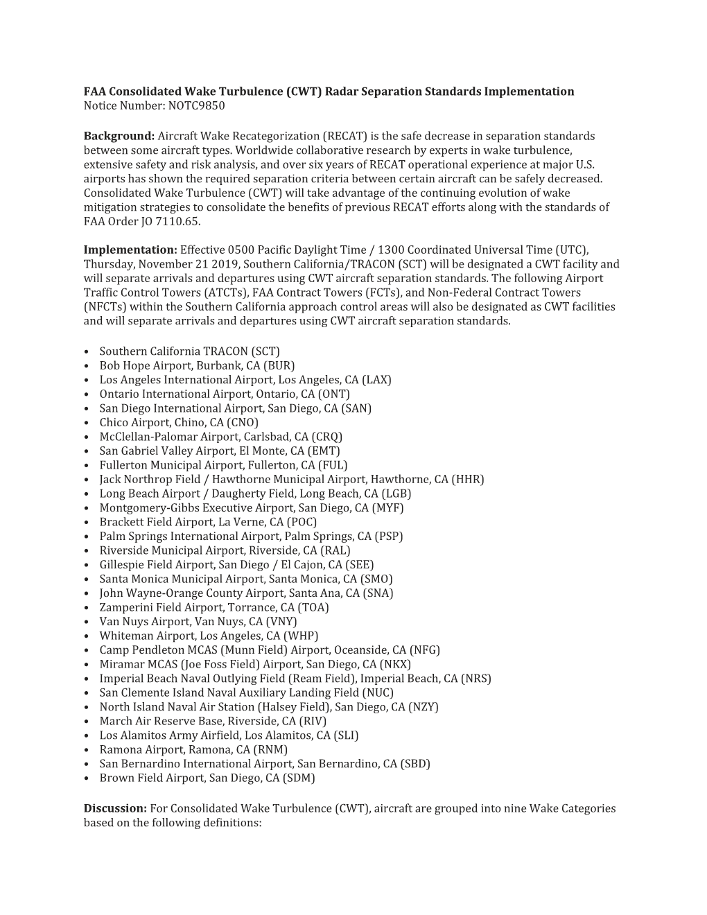 FAA Consolidated Wake Turbulence (CWT) Radar Separation Standards Implementation Notice Number: NOTC9850