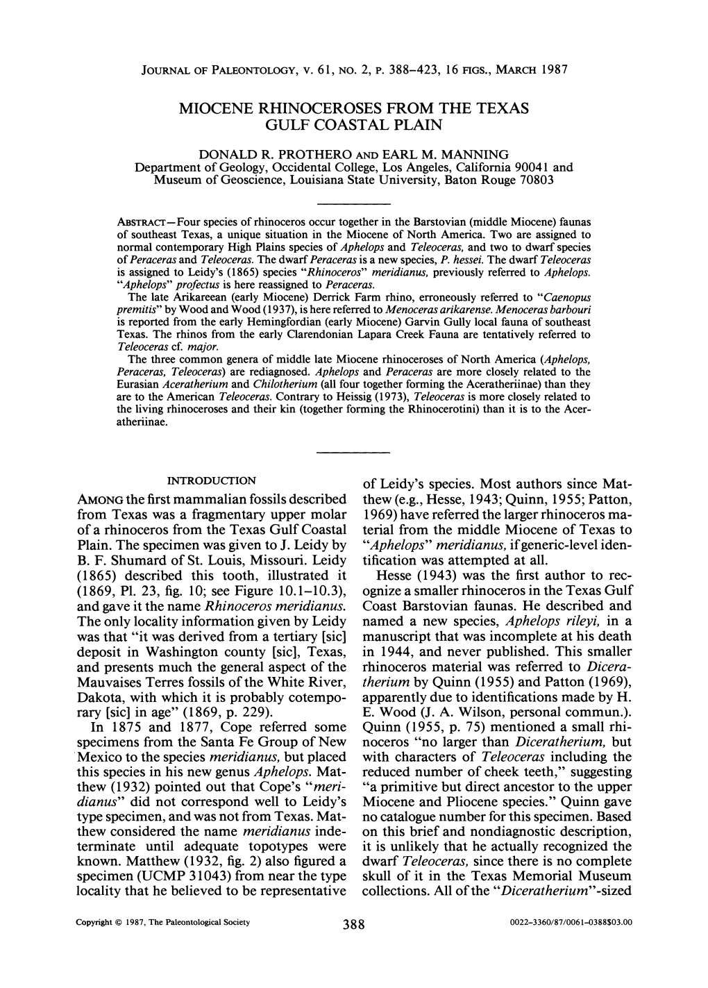 Miocene Rhinoceroses from the Texas Gulf Coastal Plain