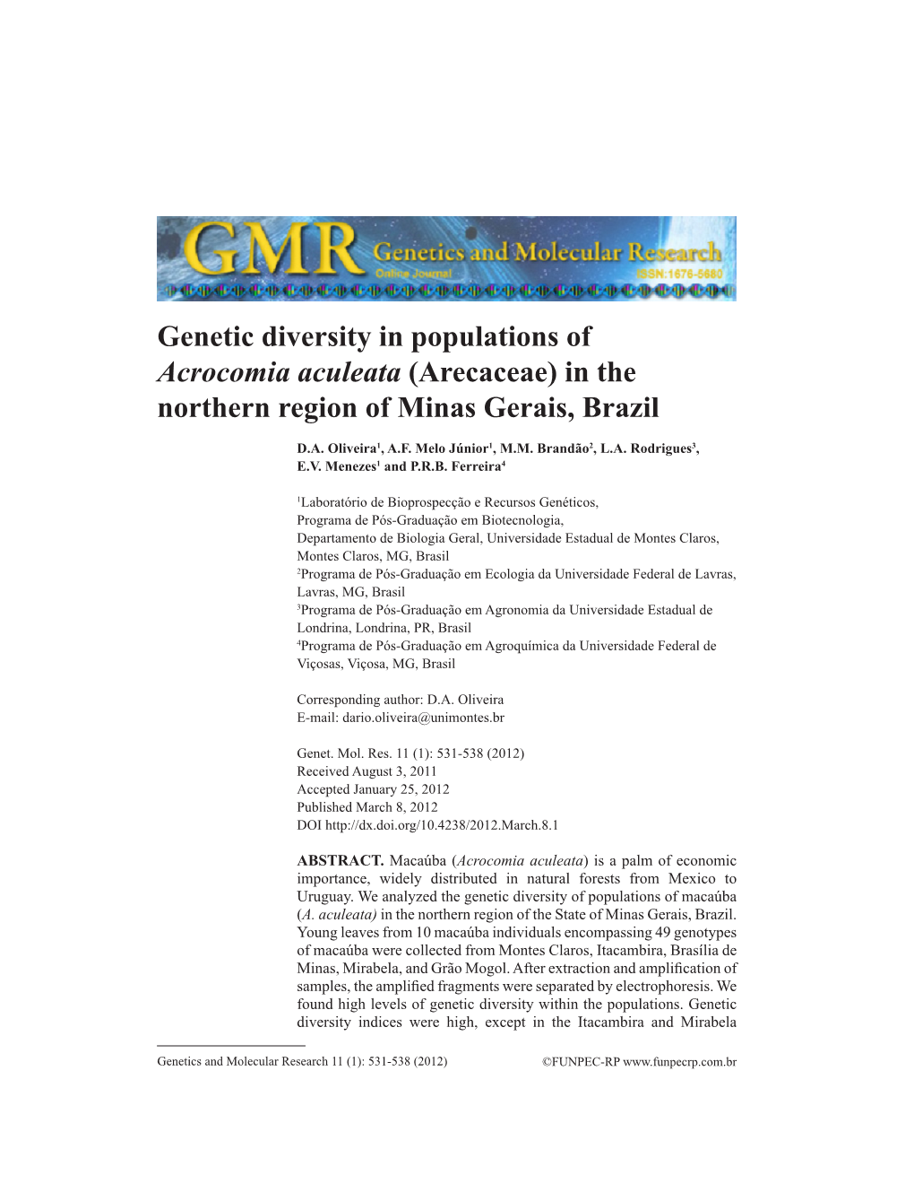 Genetic Diversity in Populations of Acrocomia Aculeata (Arecaceae) in the Northern Region of Minas Gerais, Brazil