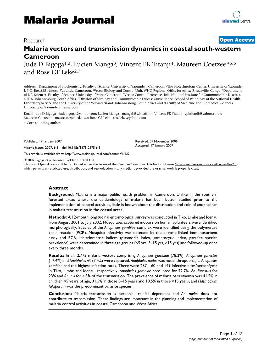 Malaria Vectors and Transmission Dynamics in Coastal South-Western
