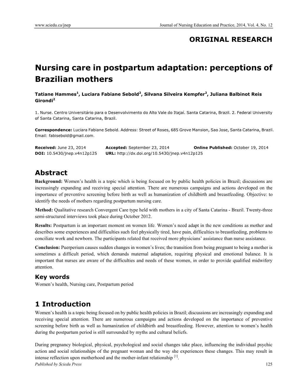 Nursing Care in Postpartum Adaptation: Perceptions of Brazilian Mothers