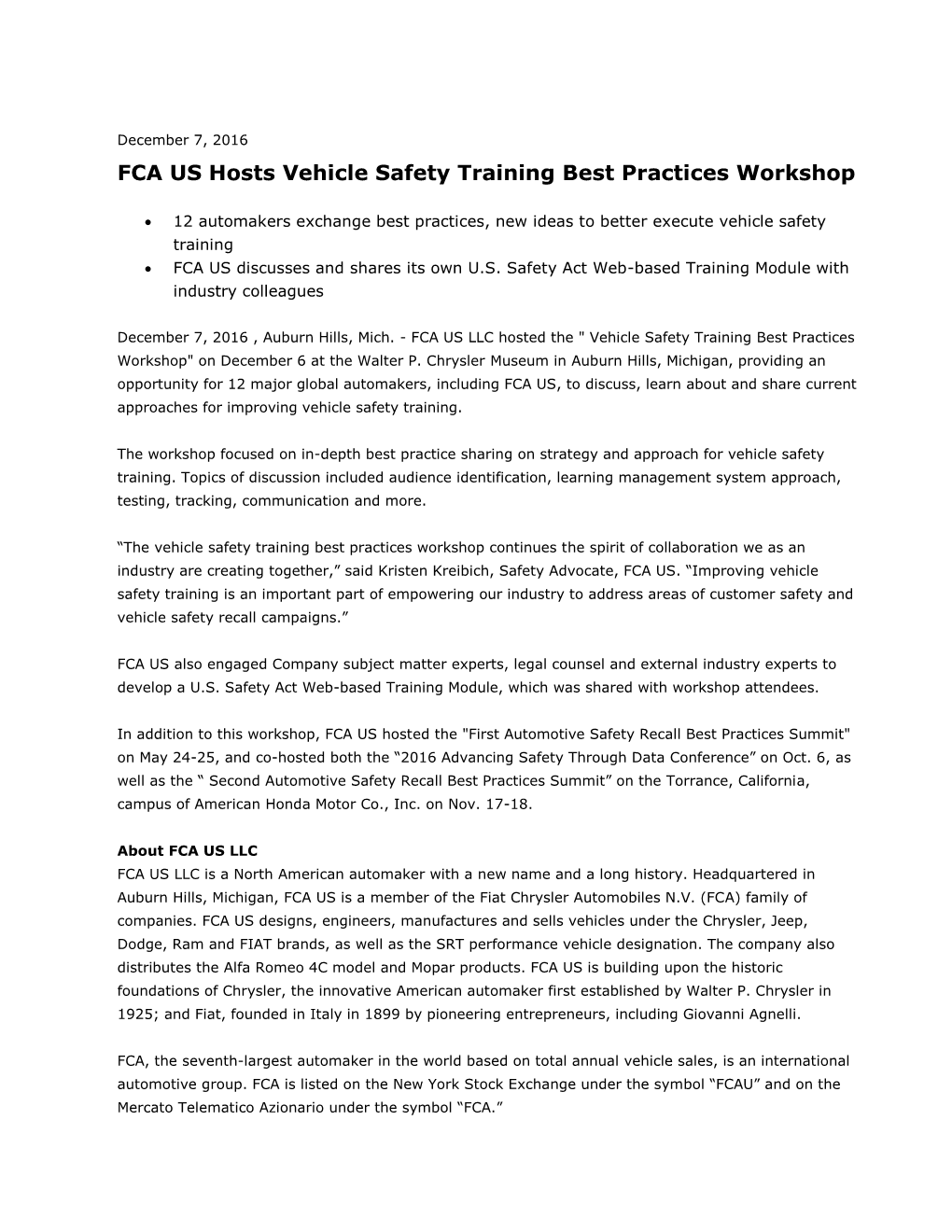 FCA US Hosts Vehicle Safety Training Best Practices Workshop