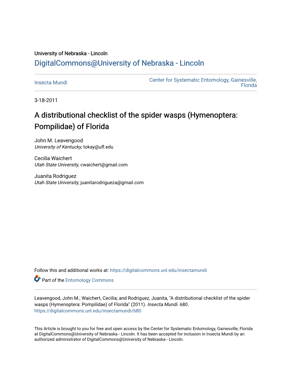 A Distributional Checklist of the Spider Wasps (Hymenoptera: Pompilidae) of Florida