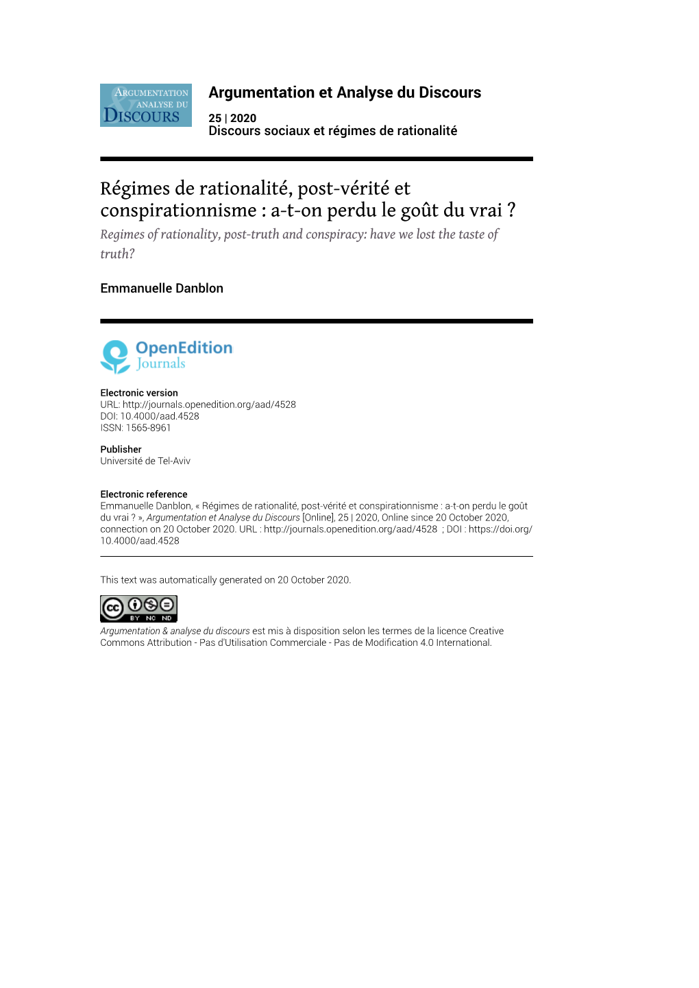 Argumentation Et Analyse Du Discours, 25 | 2020 Régimes De Rationalité, Post-Vérité Et Conspirationnisme : A-T-On Perdu Le Go