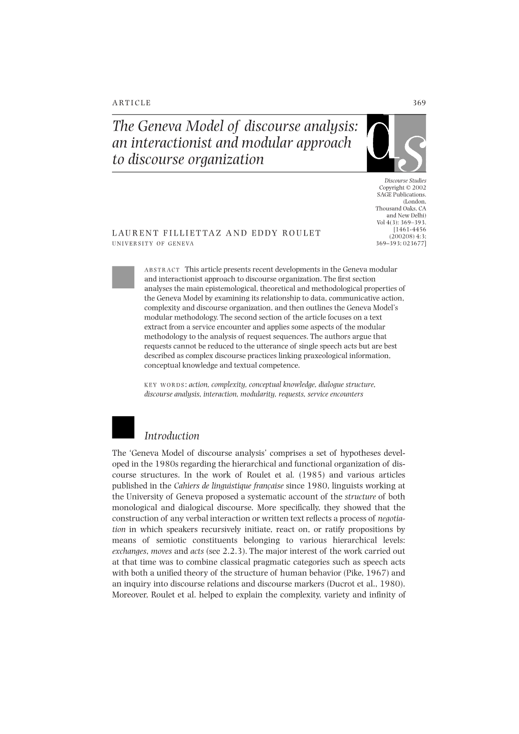 The Geneva Model of Discourse Analysis: an Interactionist and Modular Approach to Discourse Organization