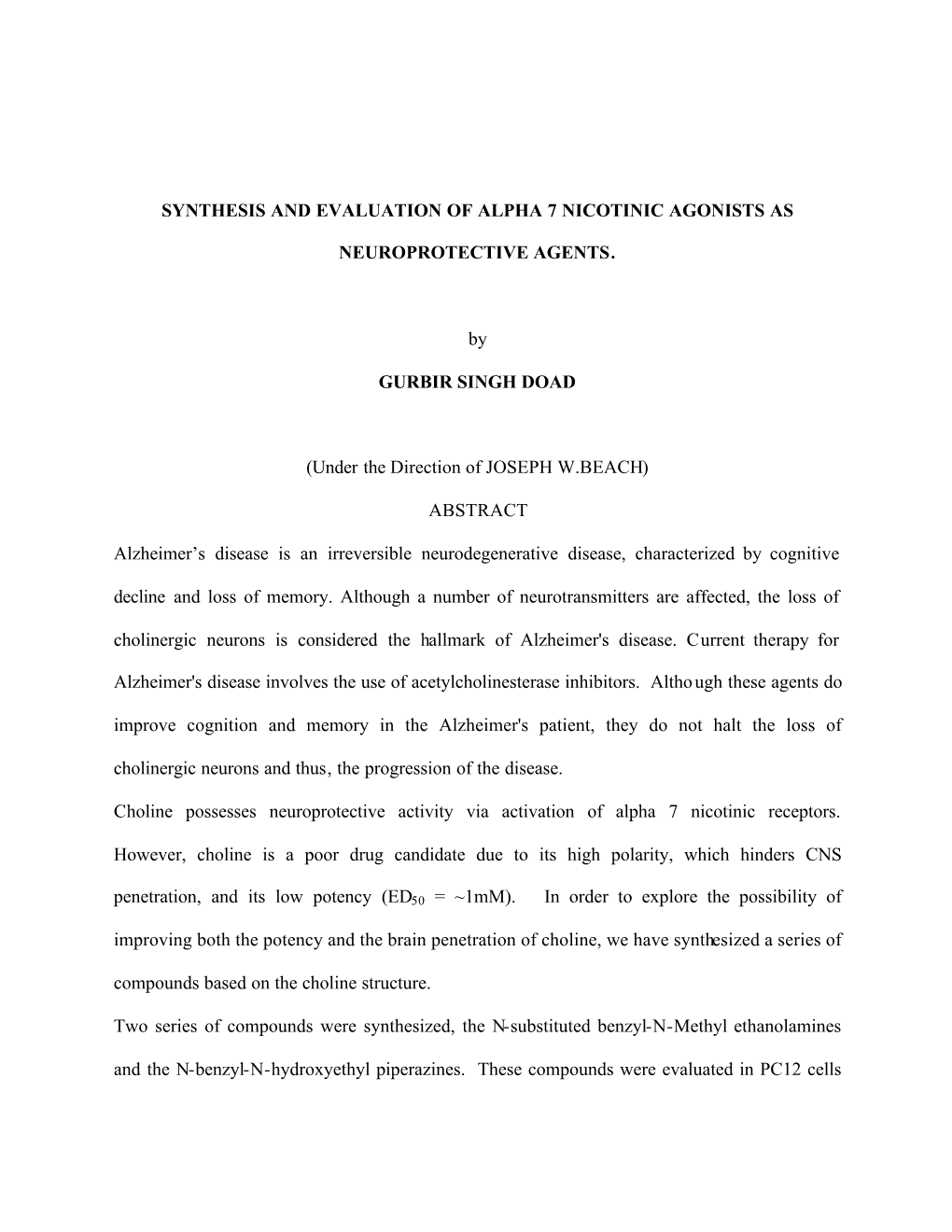 Synthesis and Evaluation of Alpha 7 Nicotinic Agonists As