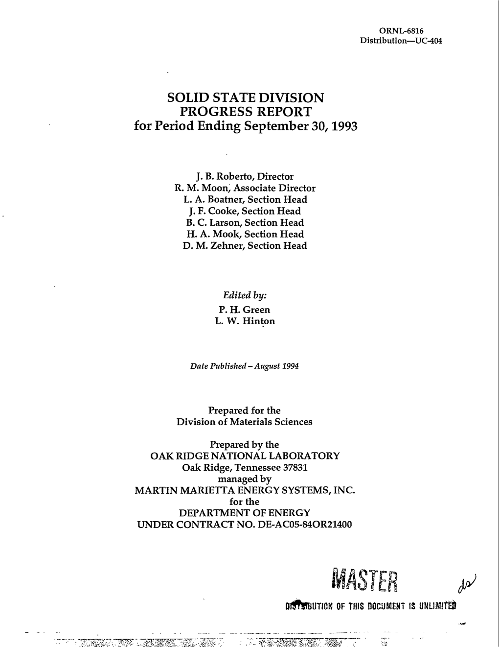 SOLID STATE DIVISION PROGRESS REPORT for Period Ending September 30,1993