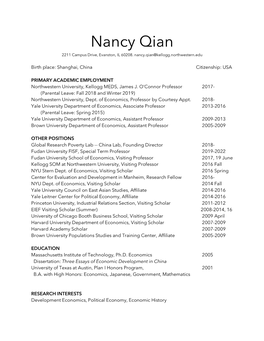 Nancy Qian 2211 Campus Drive, Evanston, IL 60208
