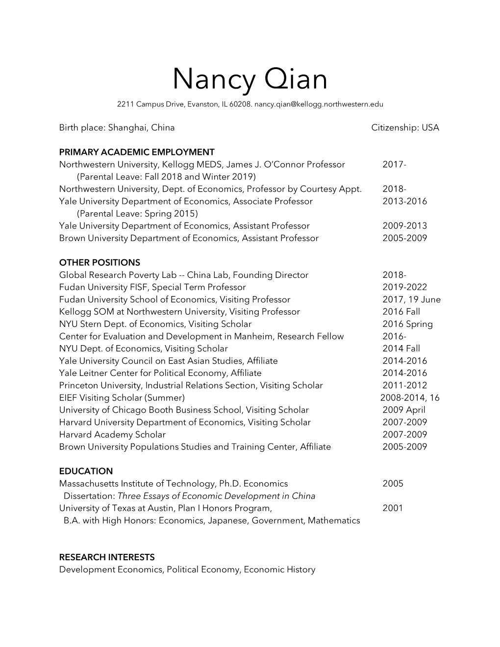Nancy Qian 2211 Campus Drive, Evanston, IL 60208