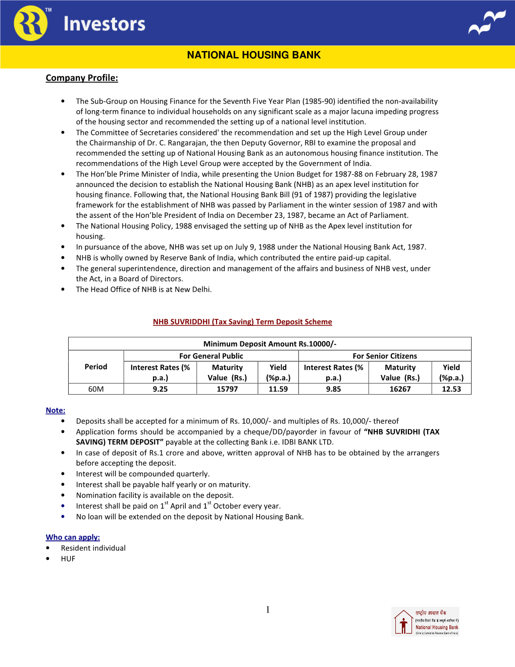 1 Company Profile: NATIONAL HOUSING BANK