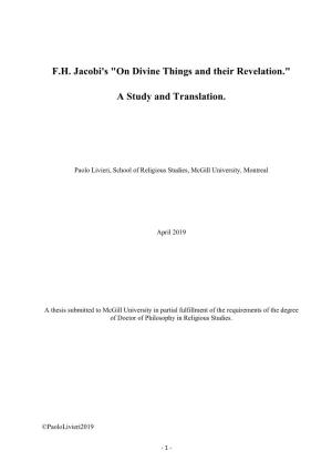 F.H. Jacobi's "On Divine Things and Their Revelation." a Study And