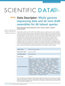 Whole Genome Sequencing Data and De Novo Draft Assemblies for 66 Teleost Species