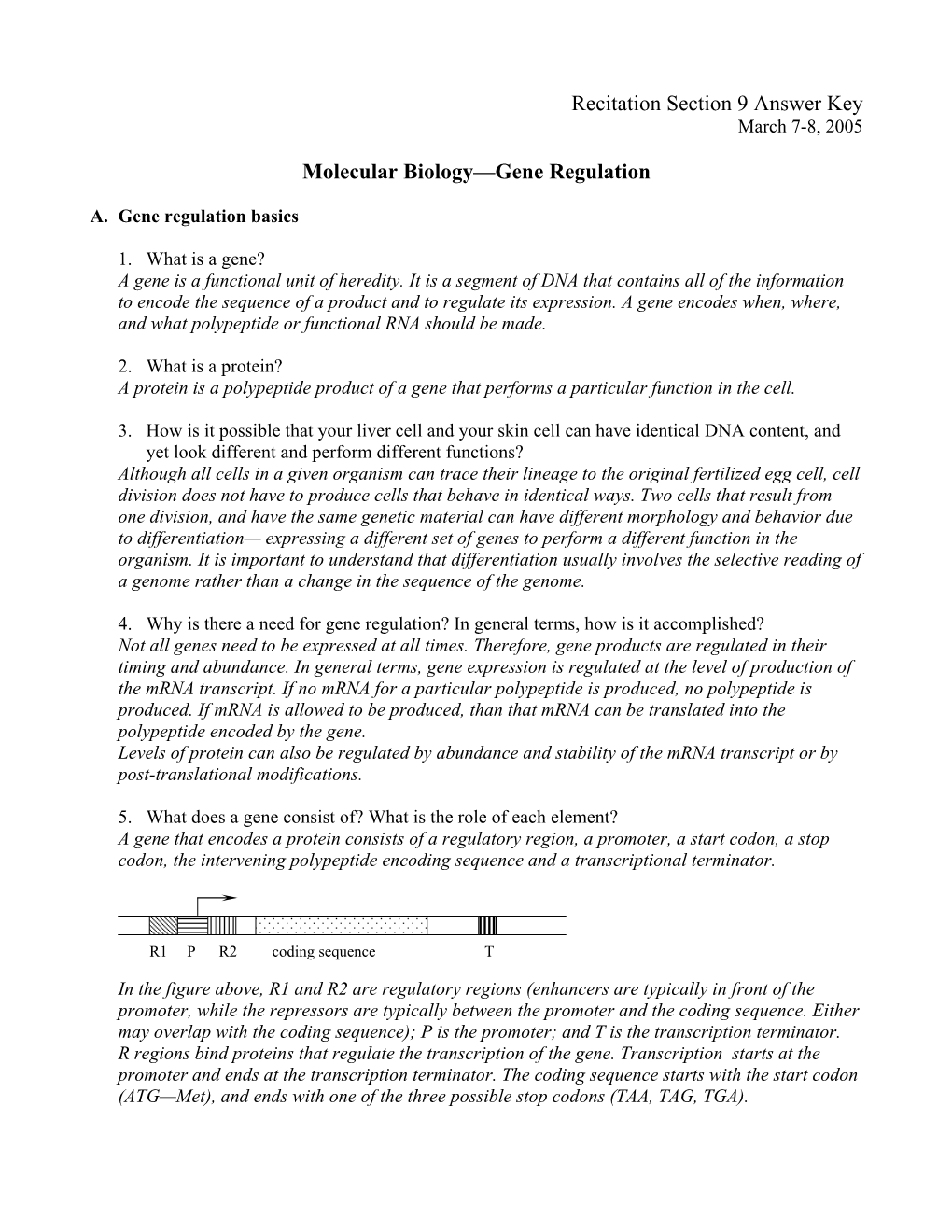 Recitation Section 9 Answer Key Molecular Biology—Gene Regulation