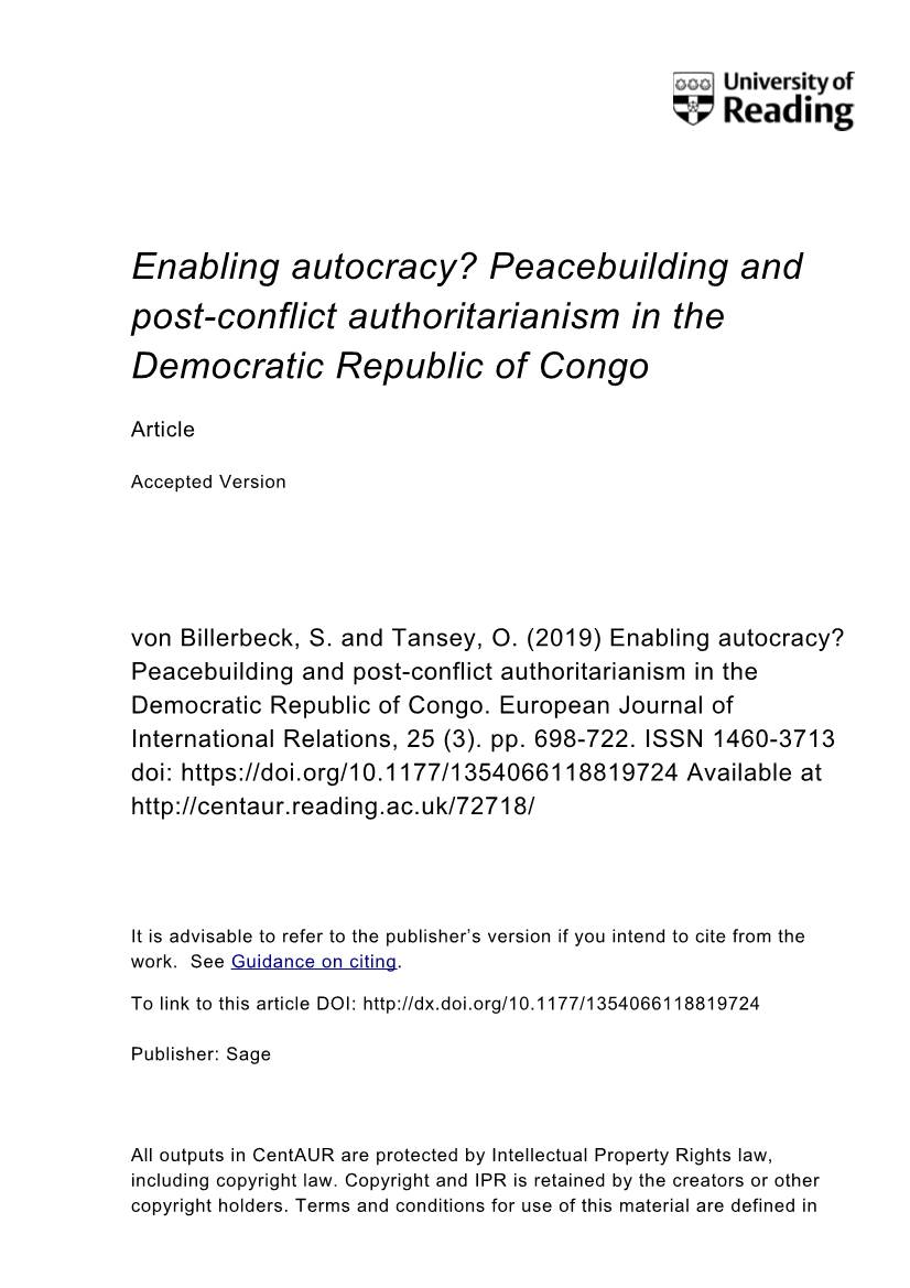 Enabling Autocracy? Peacebuilding and Post-Conflict Authoritarianism in the Democratic Republic of Congo