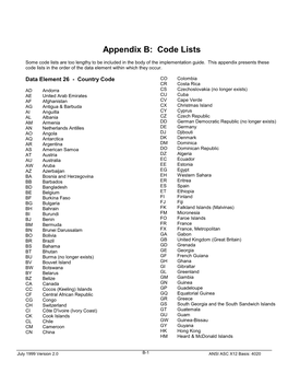 Appendix B: Code Lists