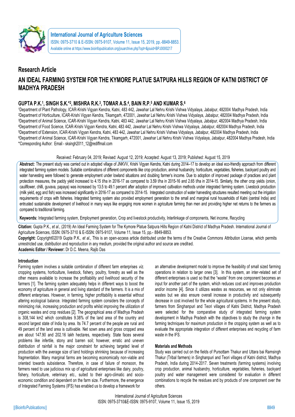 Research Article an IDEAL FARMING SYSTEM for the KYMORE PLATUE SATPURA HILLS REGION of KATNI DISTRICT of MADHYA PRADESH