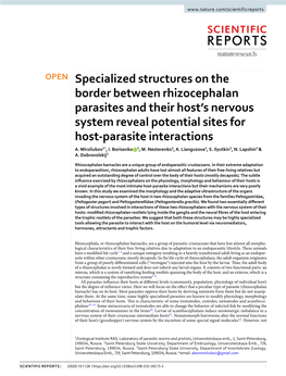 Specialized Structures on the Border Between Rhizocephalan Parasites and Their Host’S Nervous System Reveal Potential Sites for Host-Parasite Interactions A